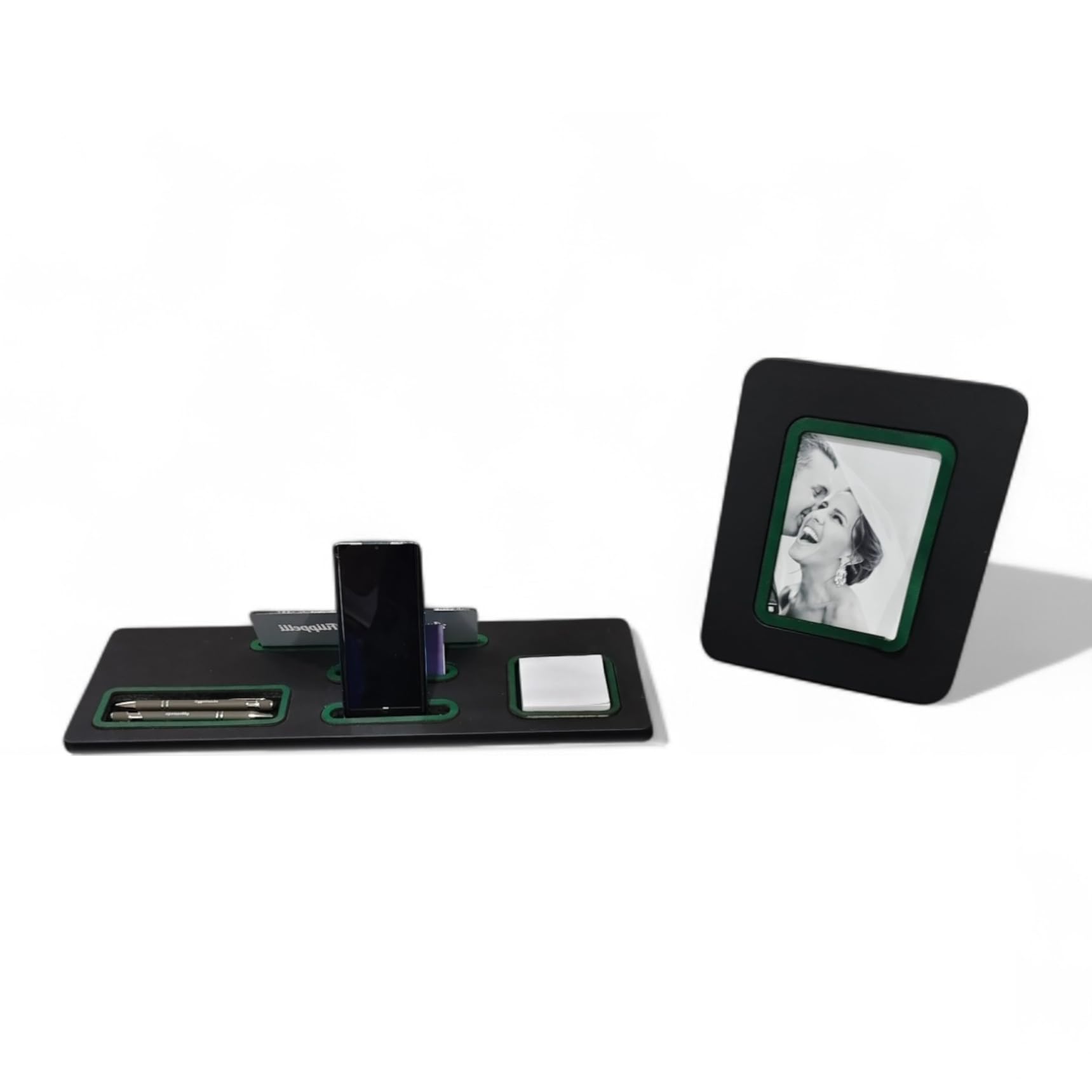 Juego de escritorio de ecopiel sintética negra, 5 en 1 organizador con soporte para smartphone, porta bolígrafos, tarjetero, porta tarjetas, caballero personalizado + portafotos para