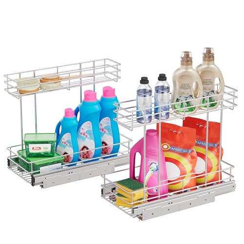 Image of Under Sink Organizer 9 inch W X19 D, Pull Out Cabinet Organizer 2 Tier | 2 Pack, Chrome Plated, Full Slide Out, Under Kitchen Bathroom Sink Organizer, Pantry Cabinet Closet Organization Rack