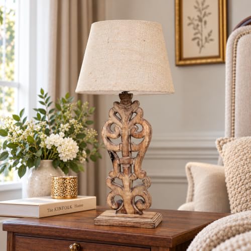 Image of tu casa Mangowood Rustic Brown French Table Lamp for Home Decoration, Bedroom, Living Room, Lounge, Office, Festival Gifting, Study Table (Beige with Jute Shade) H - 21 inch / No Blub
