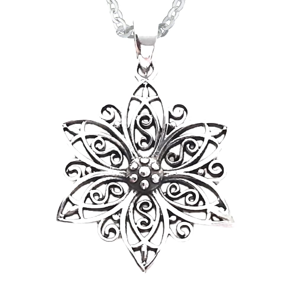 Alylosilver Boho Flower Pendant Necklace for Women - Includes a Silver Chain and a Gift Box, Sterling Silver