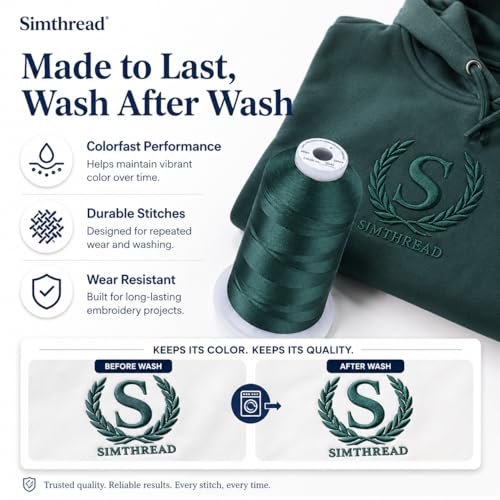 Image of Simthread 5000M 40WT Polyester Embroidery Thread, Pine Green S040 | 5000M 40WT polyester thread feeds smoothly for machine embroidery, monograms, logos, patches and quilting.