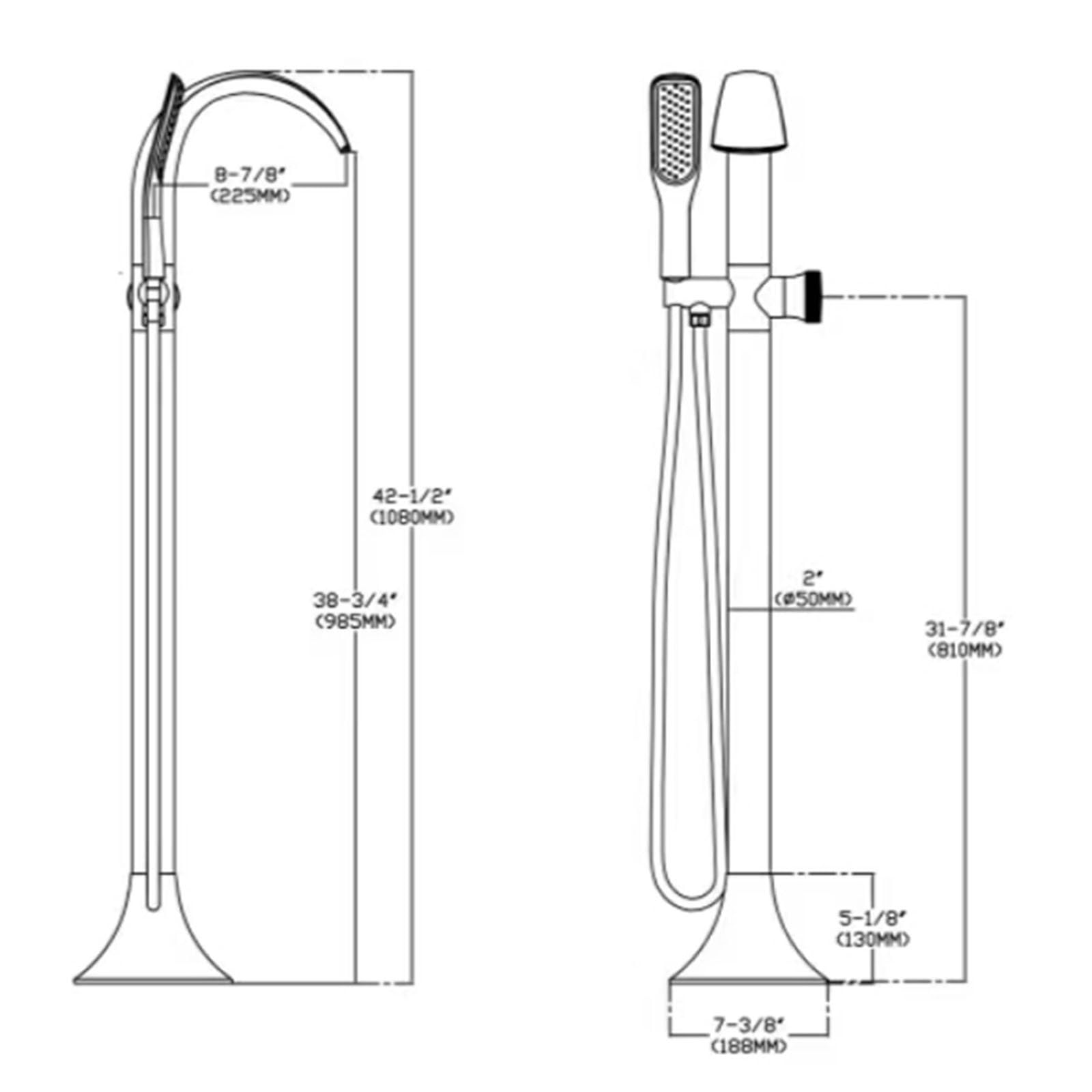 Miscelatore Vasca da Bagno a Cascata con Doccetta a Pavimento 2 Uscite Rubinetto Doccia Monocomando,Cromo Placcato