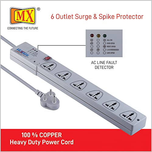 Image of MX 6‑Outlet Spike Protector & Extension Board, 3 m Power Strip with International Sockets, Master Switch, Surge Suppressor for Home & Office