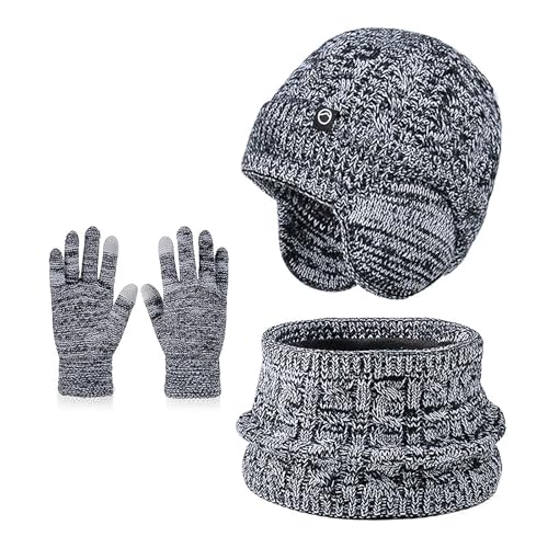 Icegrey 3Pcs Kids Winter Hat Scarf Snow Gloves Set, with Earmuffs, Knit Warm Fleece Lined Cold weather for Boys Girls