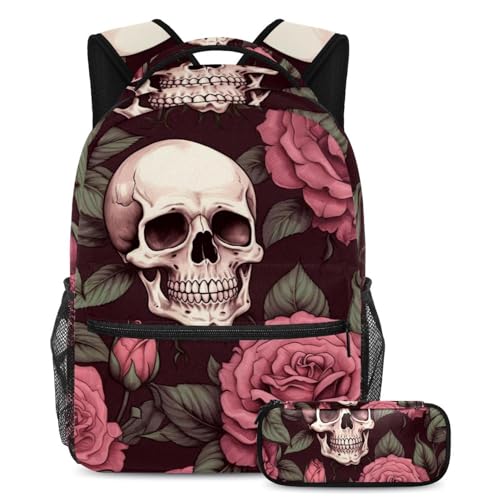 Sac d'école rose et crâne avec sa trousse assortie pour adolescents et enfants