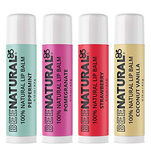 Bee Natural - 100% Natural Lip Balm - Lip Moisturizer for Very Dry Lips - Beeswax, Hydrating Butters and Essential Oils for Chapped Lips - 4 Pack (Peppermint, Pomegranate, Strawberry, Coconut Vanilla)
