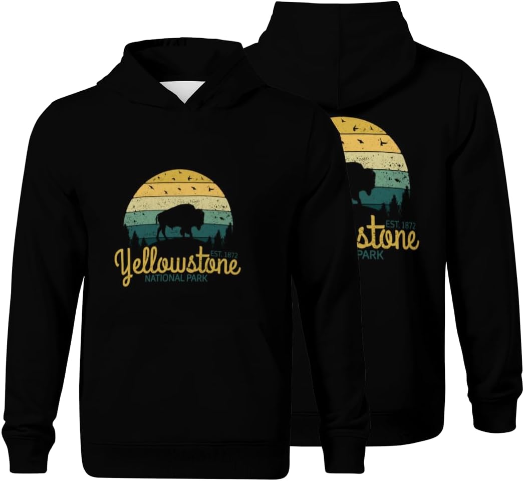 HEAPPER Kids Yellowstone National Park Wyoming Buffalo Bison Vintage Boys Girls Lightweight Kangaroo Pocket Fleece Hoodies