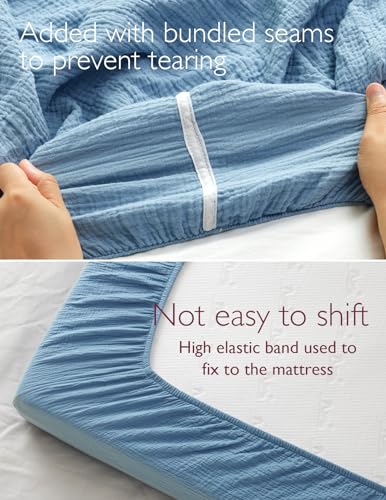 Image of Momcozy Muslin Fitted Crib Sheet, 2 Pack Soft Breathable Natural Cotton 52"x28" Baby Mattress Sheet, 360° Mattress Wrapping No Slip Boys Girls Neutral Toddler Bed Sheet, Large, Blue & Grey
