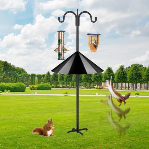 Image of FEED GARDEN Heavy Duty Shepherds Hook Squirrel-Proof Bird Feeder Pole 108 inch Double Hooks 5-Prong Base & 19 inch Baffle for Outdoor Feeders & Plants