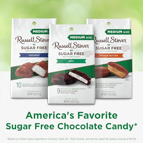Image of RUSSELL STOVER Sugar Free Dark Chocolate Mint Patties Candy, 4.5 oz. bag