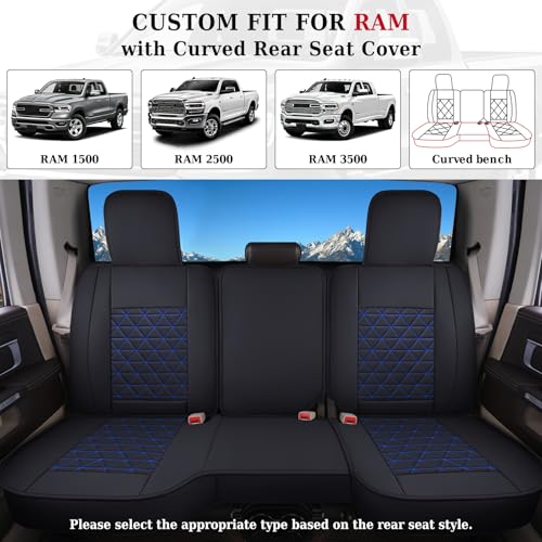 Image of Coverado RAM Seat Cover Full Set, Leather Seat Covers Fit for Dodge RAM 1500, Truck Seat Covers Custom Fit for 2002-2026 Dodge RAM 1500 2500 3500 Crew Quad Cab with Curved Bench, Blue