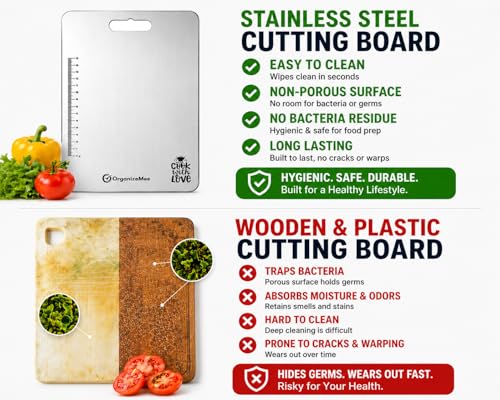 Image of OrganizeMee Stainless Steel Chopping Board for Kitchen Heavy-Duty Cutting Board for Vegetables, Fruits Cutter, Meats, vegitable Chopper Boards, Premium Metal Chopping Board (Medium)(31.8CM X 21CM)