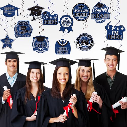 Image of Graduation Hanging Swirls Decorations, Blue and Black Graduation Party Decorations, 30PCS Class of 2026 Streamers Ornaments for Classroom Ceiling Office High School College Congrats Grad Party Favors