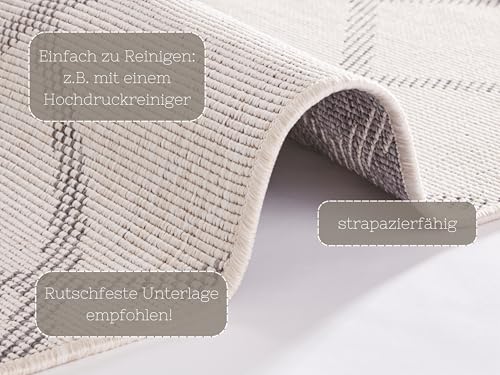 NORTHRUGS In- und Outdoor Teppich Corsica 80x350cm - Wendeteppich Wetterfest Modern Geometrisches Muster Läufer für Balkon Terrasse Garten Wintergarten Wohnzimmerteppich Wasserfest in Grau Creme