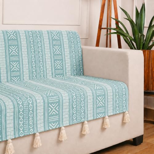 Image of STITCHNEST 'Verdant Bohemian Stories' 1 Seater Sofa Cover - Full Coverage| Elegant Jacquard Fabric, Decorative Tassels, Washable & Durable for Modern Living