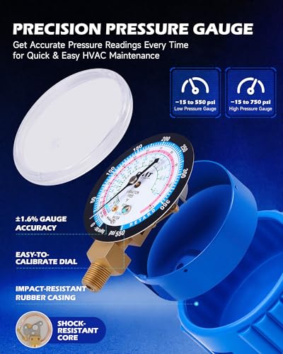 Image of Orion Motor Tech 4 Way AC Gauge Set for R410a R22 R134a Refrigerant, 4 Valve Automotive AC Manifold with 5ft Hoses, R410a Adapters, Can Tap