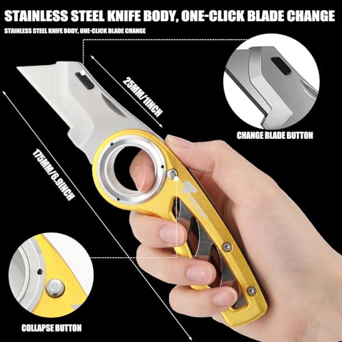 Image of Tondiamo 2 Pcs Folding Pocket Utility Knife Heavy Duty Box Cutter Folding Razor Knife with Anti Slip Finger Loop Easy Change Blades 3 Lock Positions Design (Yellow)