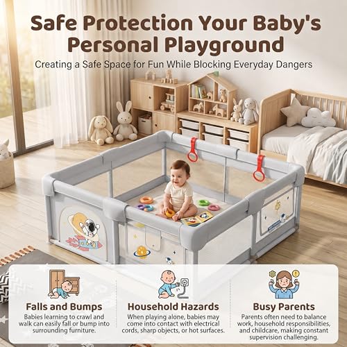 Image of StarAndDaisy Play Pen for Baby for 0-5 Years 120 x 120 cm Baby Play Area Indoor Setup with Safety Lock & Anti-Fall Grasp System | Breathable Play Pen for Kids Indoor - Grey
