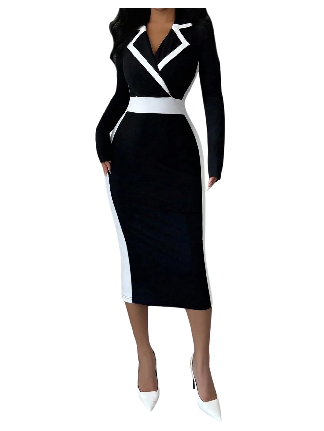 SOLY HUX Womens Color Block Bodycon Midi Dress Wrap Lapel Collar Long Sleeve Work Office Dresses