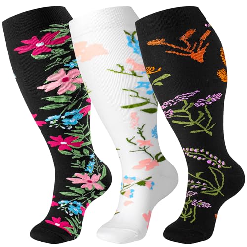 Image of bropite 3 /4 Pairs Plus Size Compression Socks Extra Wide Calf Women&Men 20-30mmHg Support Dancing Cycling Running Climbing