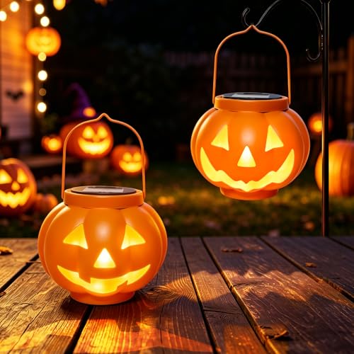 BRIGHTDECK Halloween Pumpkin Solar Lanterns 2 Pack Jack O Lantern Pumpkin Lights for Halloween Decorations Outdoor Weatherproof & Portable Fall Yard Decor (2Pack Warm White)
