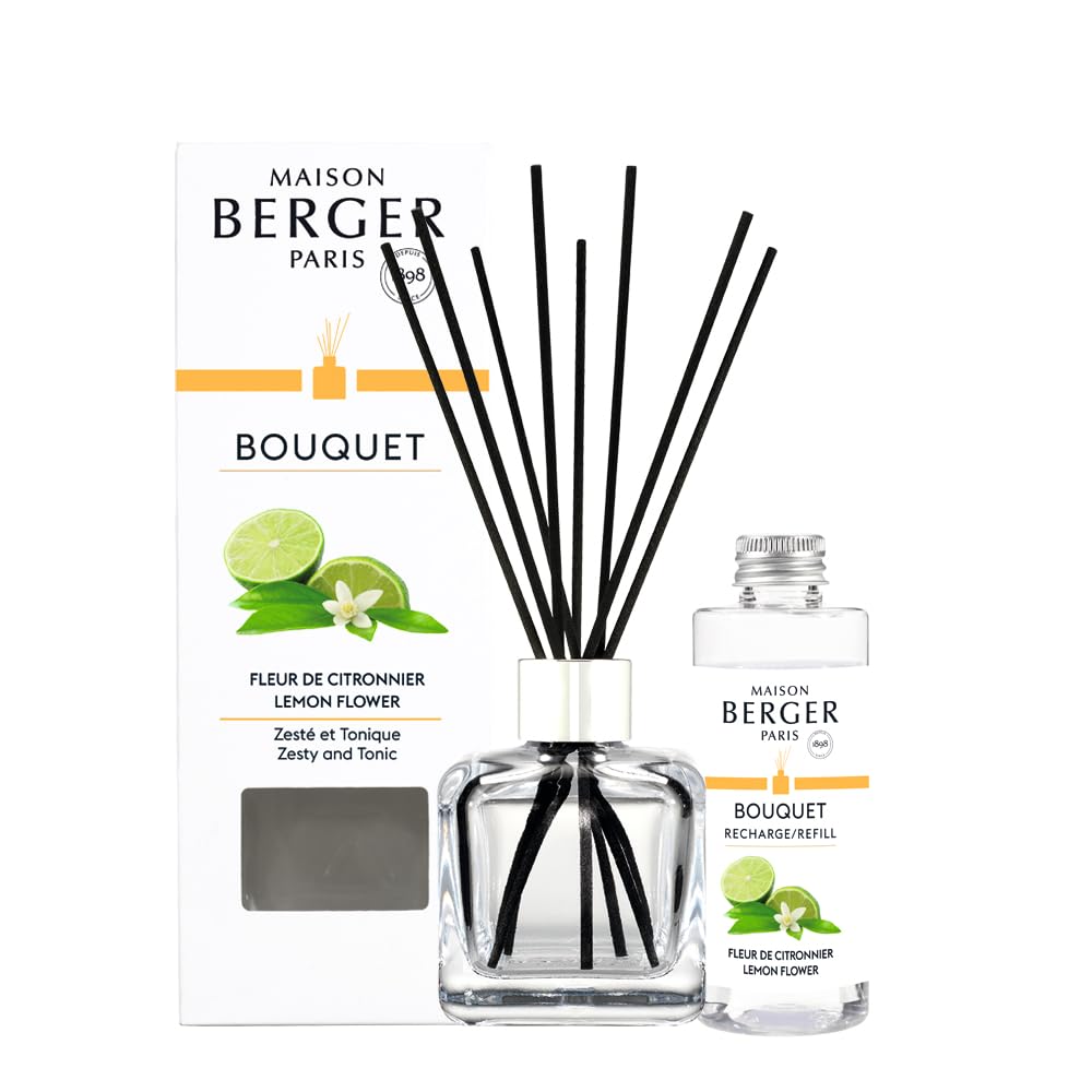 Maison Berger Clear Lemon Flower Glass Reed Diffuser Scented Bouquet – 6 Black Reed Sticks With 100 Ml Fragrance Refill – Made In France