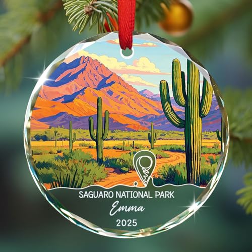 Personalized Saguaro National Park Crystal Glass Ornament, National Park Souvenir Ornaments Gift for Christmas Holiday, Custom Name/Year Saguaro Arizona Keepsake, Arizona Cactus Ornament for Tourist