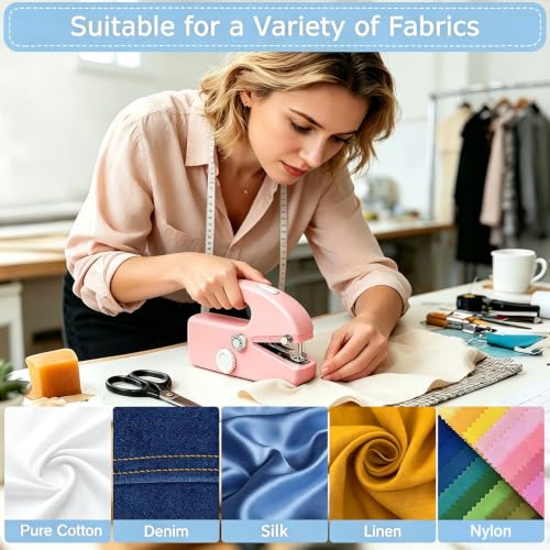 Image of Hand Held Sewing Machine for Adults & Beginners, with Pink Leather Storage Case and 112 PCS Sewing Kit, Portable Mini Hand Sewing Machine, Assorted Needles, Threads, Heavy Duty Scissors