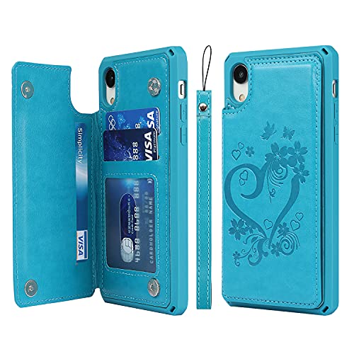 Coque iPhone XR avec porte-cartes Cavor et lanière en cuir synthétique bleu antichoc
