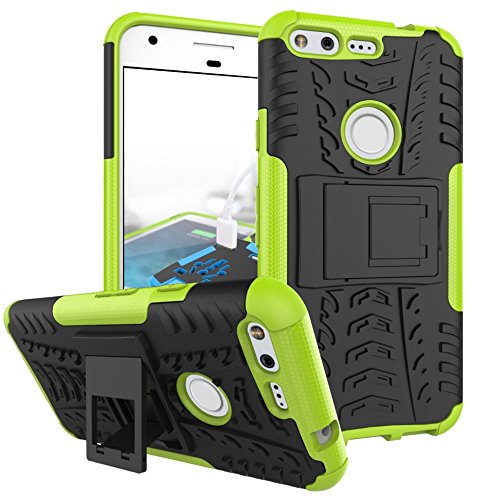 Google Pixel Case, GreenElec Hybrid Dual Layer Armor Protection Defender Plastic Shell + TPU Rubber Inner Kickstand Belt Clip Holster Case for HTC Google Pixel (Green)
