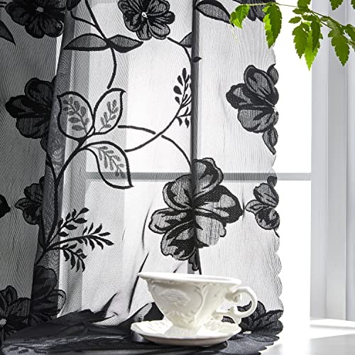 Image of Treatmentex Black Lace Curtains 63inch Rose Floral and Leaf Sheer Decorative Window Curtains for Living-Room Bedroom Vintage Leaf Knitted Lace Sheer Curtain Panels 54 inch w 2pcs Rod Pocket