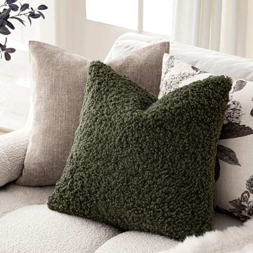 Image of Foindtower 2 Pieces 24x24 Inch Olive Green, Faux Fur Throw Pillow Cover Accent Sherpa Furry Pillow Covers Fuzzy Soft Pillowcases Cozy Sheepskin Decorative Fleece Cushion Case for Bed Couch Living Room