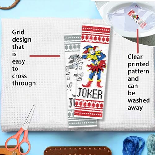 Image of FREEBLOSS 6 Set Cross Stitch Bookmarks Kit Poker Stamped Cross Stitch Kit DIY Embroidery Bookmark Set with Instruction for Adults Beginners Gift for Reading Enthusiasts 8 * 2.4inch 11CT