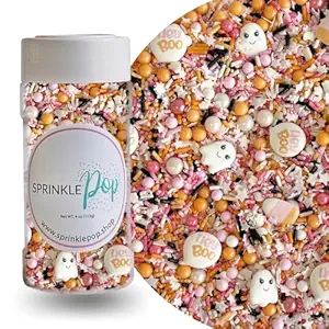 Sprinkle Pop Boo Bash Sprinkle Mix| Orange Pink White Sprinkles with ~12 Ghost Shapes, Candy Corn & Hey Boo Royal Icing| Halloween Sprinkles Made in USA for Decorating Cakes Cupcakes Cookies, 4oz