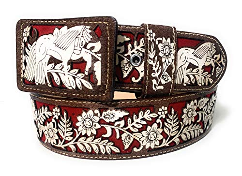 Men's Authentic Western Charro Horse Belt, Cinto Charro Vaquero Fino (Brown/Red, 44)3
