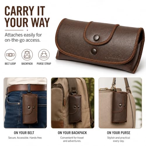Image of Calabria Double Snap Belt Loop Eyeglass Case PU Leather Vintage Style Old School Eye Glasses Pouch Semi-Hard Sunglass Holder