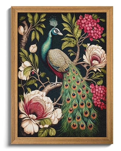 Framed Vintage 3D Textured Wall Art Hand Drawn Sandstone Peacock Wall Decor Modern Farmhouse Decor Rural Botanical Floral Picture Painting Artwork for Living Room Bedroom 12x16 inch