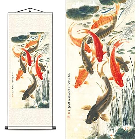 FOVNOT Asian Silk Scroll, Asian Wall Scroll Asian Wall Art Silk Scroll Wall Painting Nine Fish Gathering Painting Scroll Chinese Art Wall Scroll Hanging Painting Scroll (A3) Cover