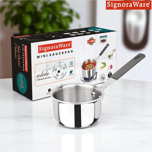 Image of SignoraWare Artista Tri-Ply Stainless Steel Mini Saucepan 10cm | Microwave Safe | Save Energy & Time | Easy to Clean | Heating Milk & Coffee | Ideal for Small batch of Pasta, Noodles & Oats (500ml)