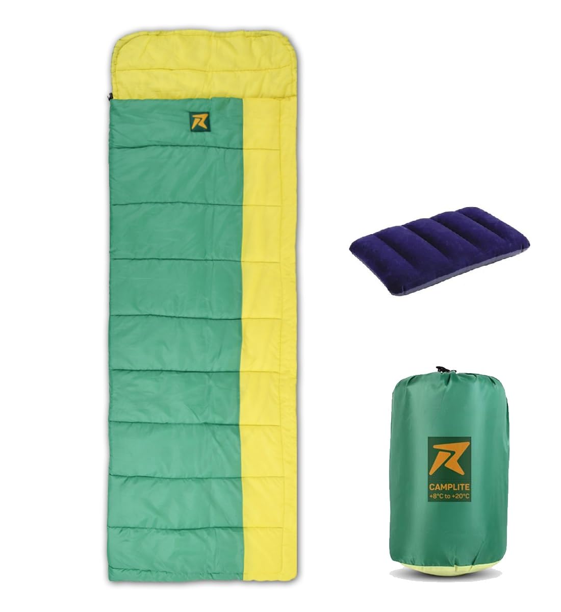 Rocksport Camp Lite Sleeping Bag for Adults (8°C to 20°C) | Lightweight, Compact & Waterproof Sleeping Bag for Men & Women | Butter NS Fabric, Indoor & Outdoor Camping Accessories (Yellow/Green STR)