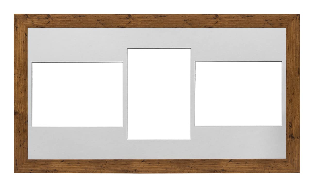 Walnut Frame 20x10' Multi Aperture Picture Frame with White Mount to fit (3x) 7x5' Photos with Perspex Sheet - Wall Mountable Landscape or Portrait