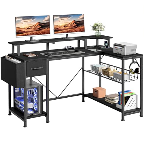 YITAHOME Gaming Tisch mit Steckdosen & LED-Lichter, L Form Computer Schreibtisch mit Monitorständer, Eckschreibtisch mit Schubladen & Regalen, Computertisch für Home Office, 137 x 50 x 92 cm, Schwarz