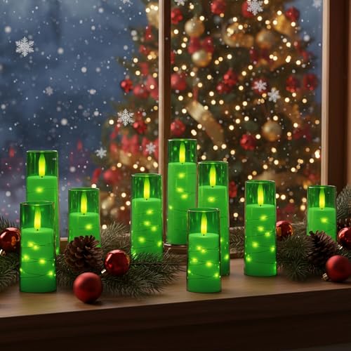 Image of Raycare St. Patrick's Day Flameless Candle with Remote Timer - 5 Flickering Acrylic Battery Operated LED Pillar Candles with Embedded Star String for Christmas, Home Decor, and as a Gift(Green)