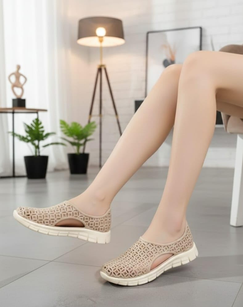 Image of Women's Hollow-Out Slip-On Sandals, Waterproof, Breathable Cutout Design, Casual Flat Shoes