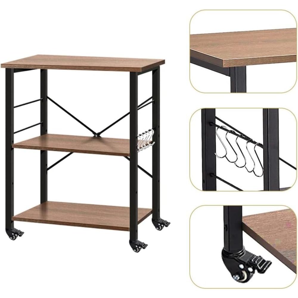 Cocina Scaffale da cucina a 3 livelli con 5 ganci, supporto for forno a microonde, ripiano mobile for workstation, marrone Estante de almacenamiento