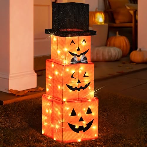 Halloween Stacked Pumpkins Decorations, 3 Ft Pre-Lit Pumpkins with 75 LEDs Light Up Halloween, Halloween Decoration Suitable for Indoor, Outdoor, Courtyard, Garden