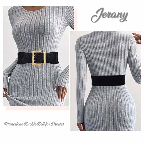 Women Elastic Wide Belt Square Gold Buckle Belts for Dresses Stretchy Ladies Waist Belt2