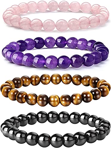 Adramata 4Pcs Bracelet Pierre Naturelle 8mm Bracelet Oeil de Tigre pour Hommes Femmes Anti-anxiété Bracelet Pierre Naturelle Bracelet en Cristal Bracelet de Yoga pour Femmes Cadeaux, E Cover