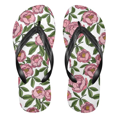 Maple Leaf Sketch Orange Peonies Green Leaves Floral Flip Flops for Beach Thong Sandals Anti-slip Lightweight Shower Shoes for Travel Summer Outdoor