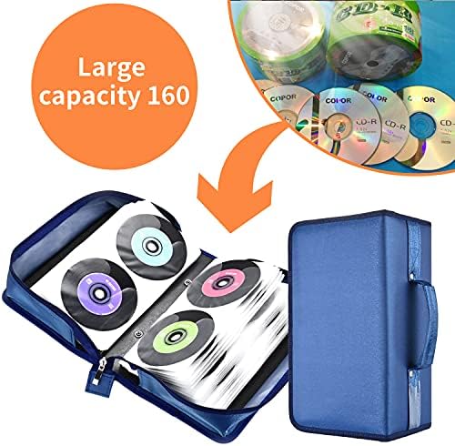 CD Case, UENTIP 160 Capacity Nylon CD/DVD Case Holder CD Booklet Binder VCD Wallets Storage Organizer CD Wallets Storage Organizer for Car Home Travel (Blue)